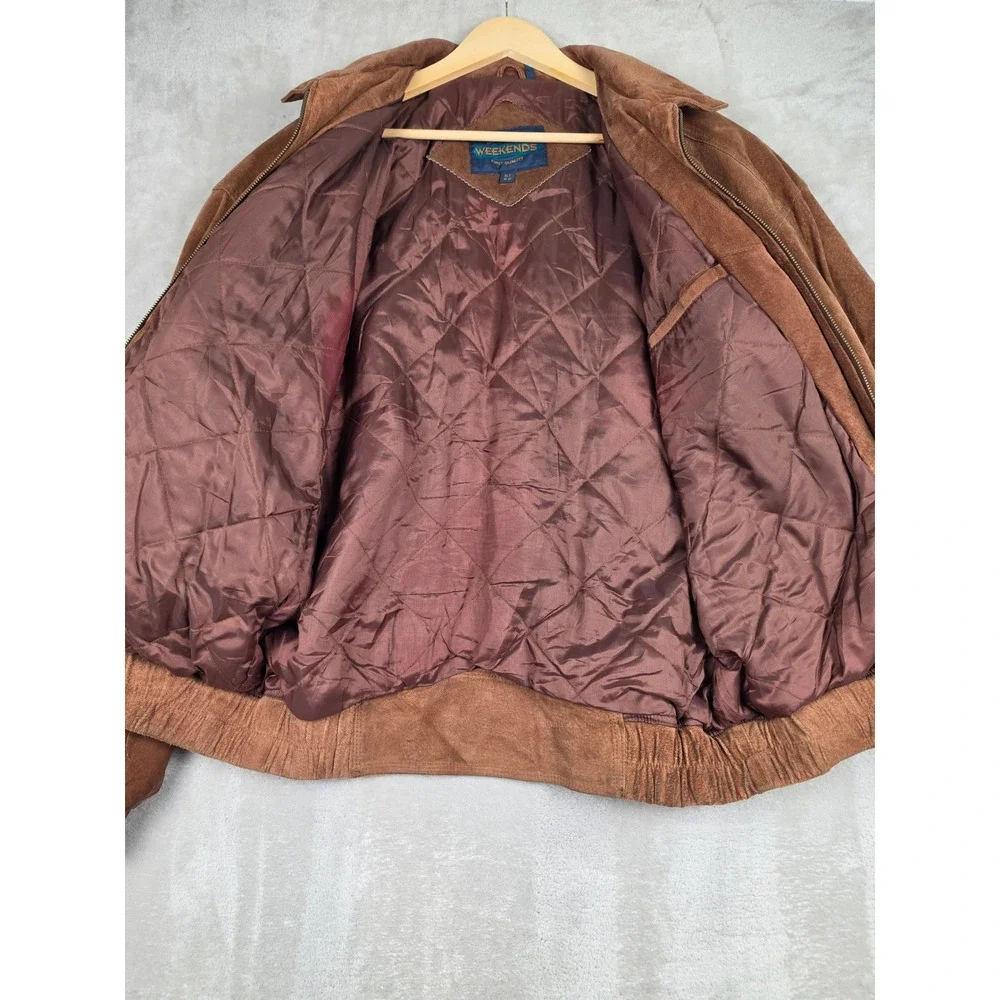 Vintage Weekends Suede Leather Bomber Jacket Mens XLT Brown Quilted Lined Zip